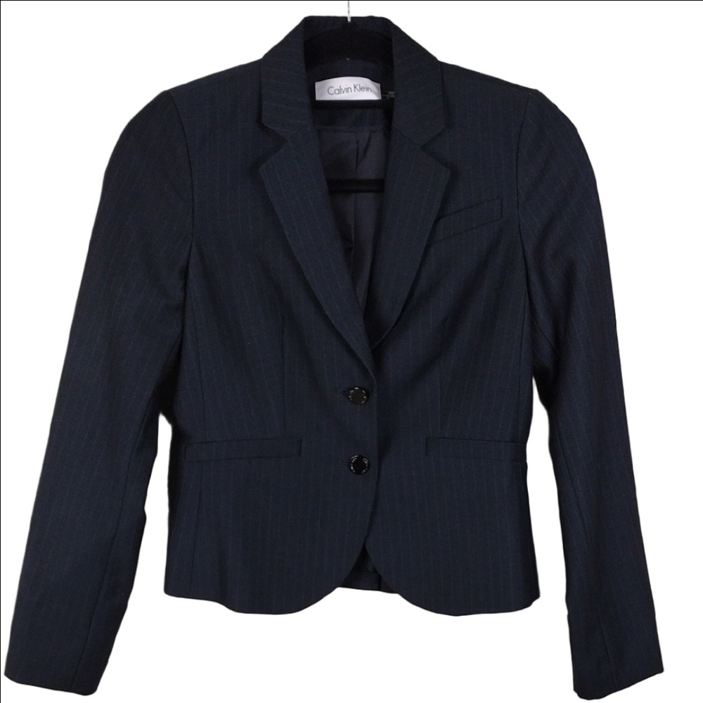 Calvin Klein Black Pinstripe One Notch Two Button Front Long Sleeve Crop Blazer